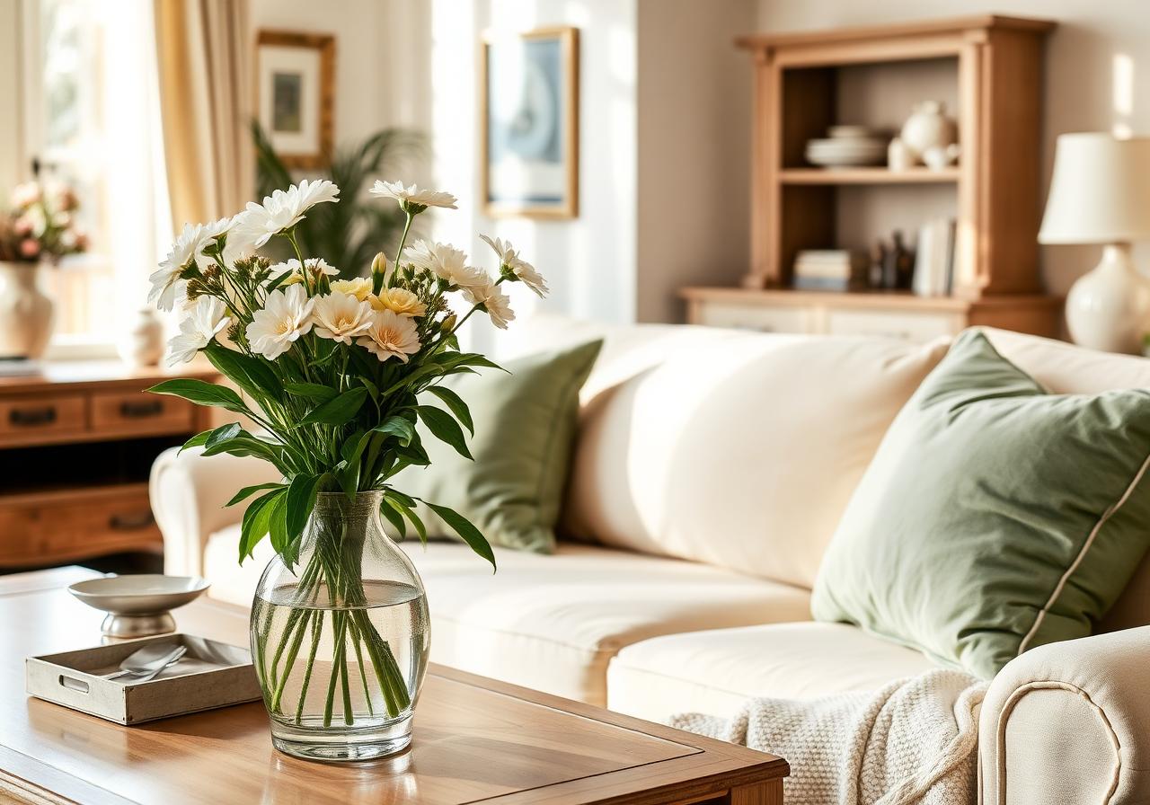 Refreshed living room with sage cushions and flowers